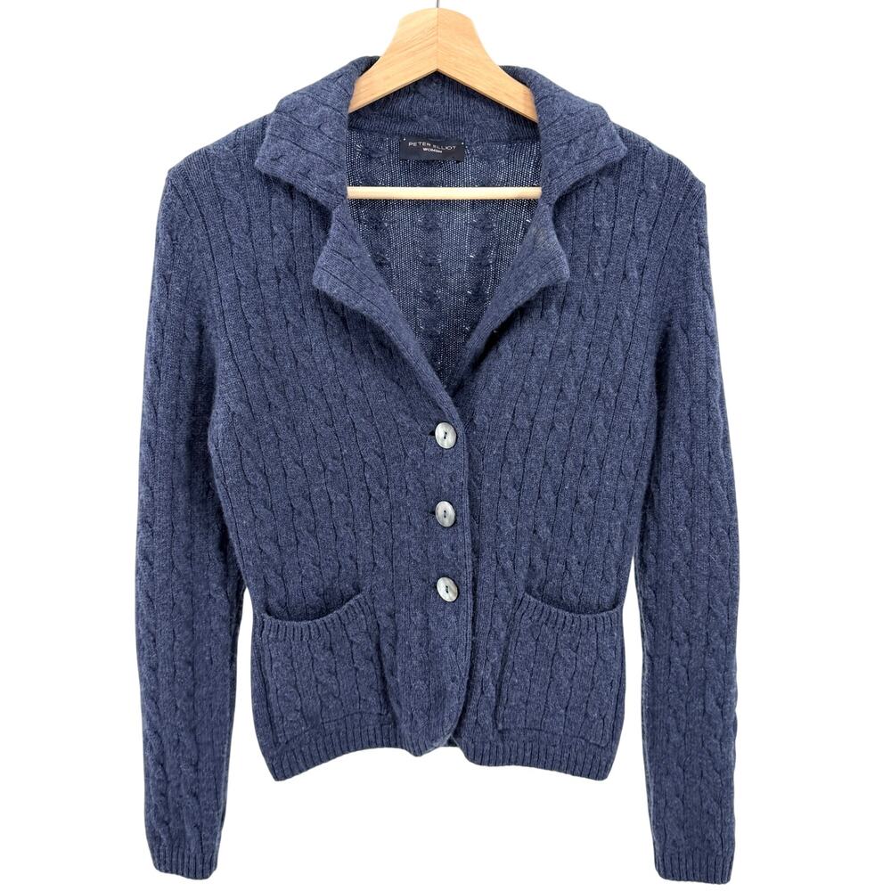 Vintage 90s Peter Elliott Indigo Blue 100% Cashmere Collared Cardigan Sweater